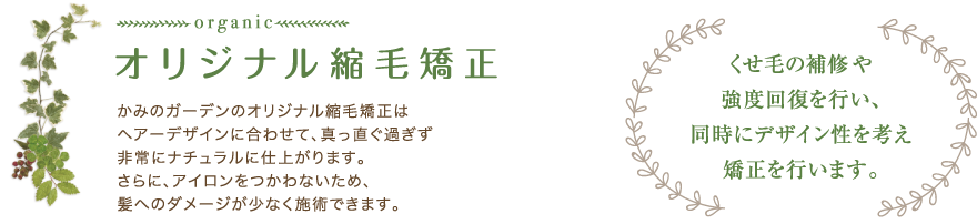 オリジナル縮毛矯正　くせ毛の補修や強度回復を行い、同時にデザイン性を考え矯正を行います。